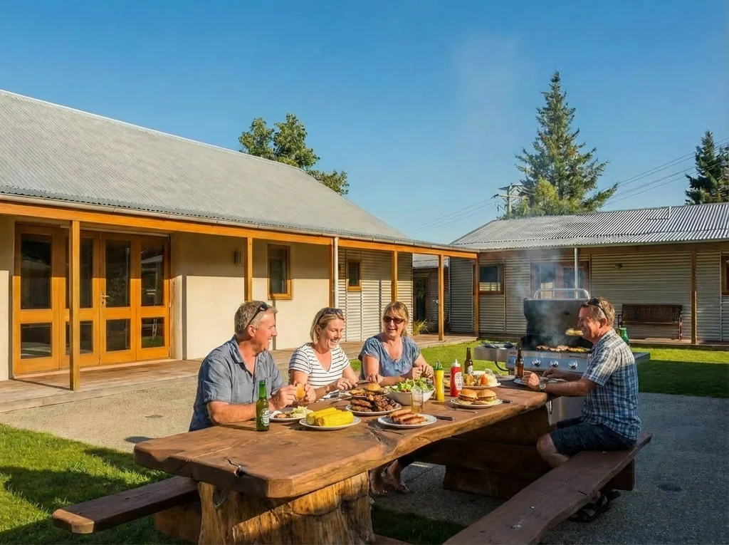 Friends enjoying a barbecue at Naseby Apartments' garden