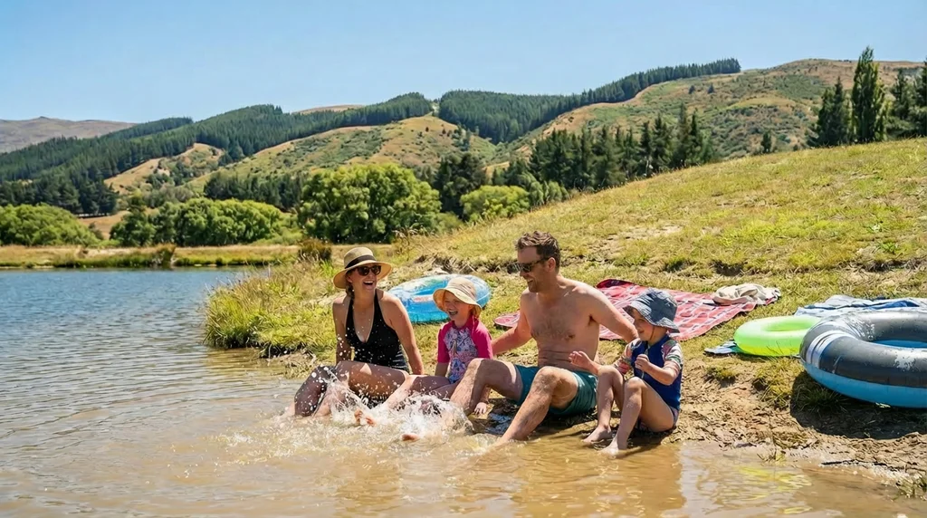 Family enjoying the afternoon at the Naseby swimming dem